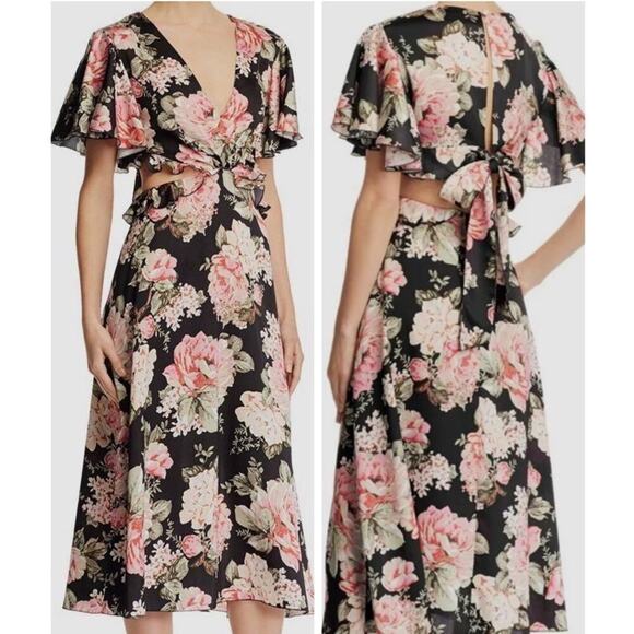 NEW Divine Heritage Cutout Flutter Sleeve Floral Midi Dress Sz  L - Picture 1 of 16
